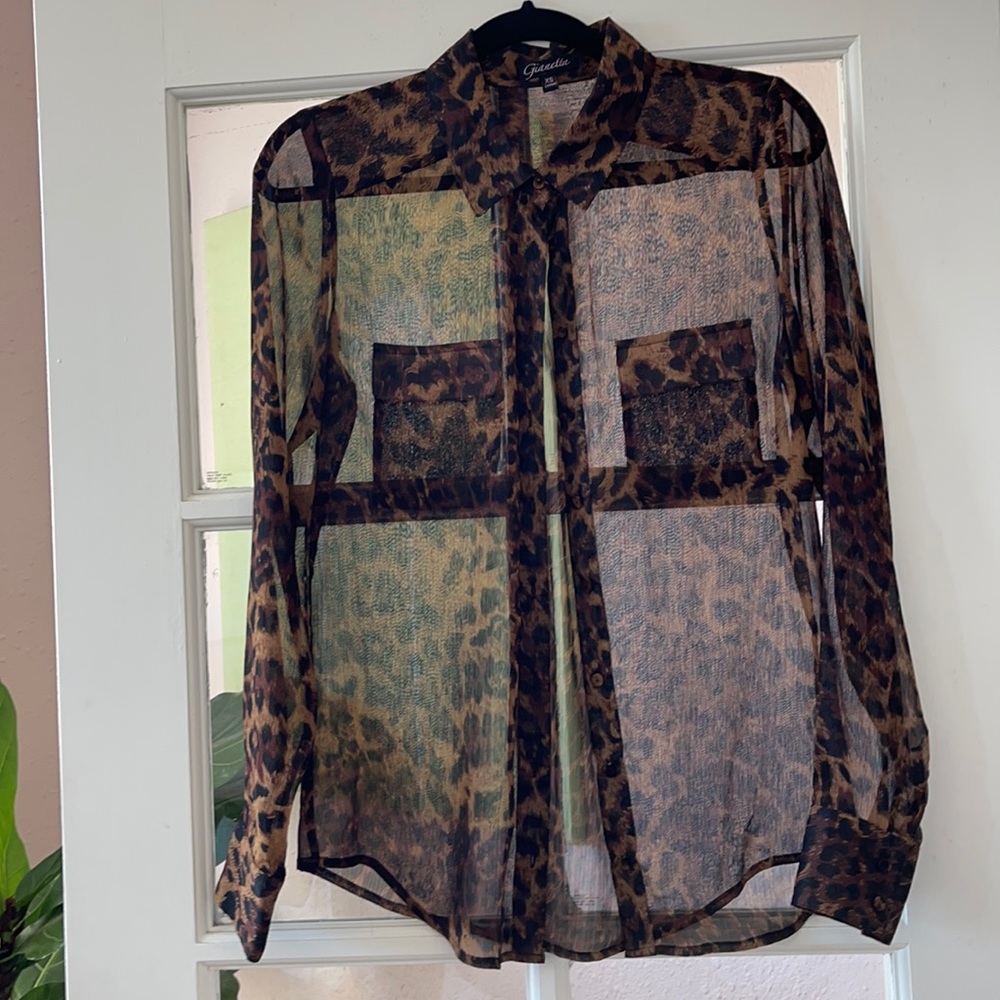 Sheer leopard print button down shirt